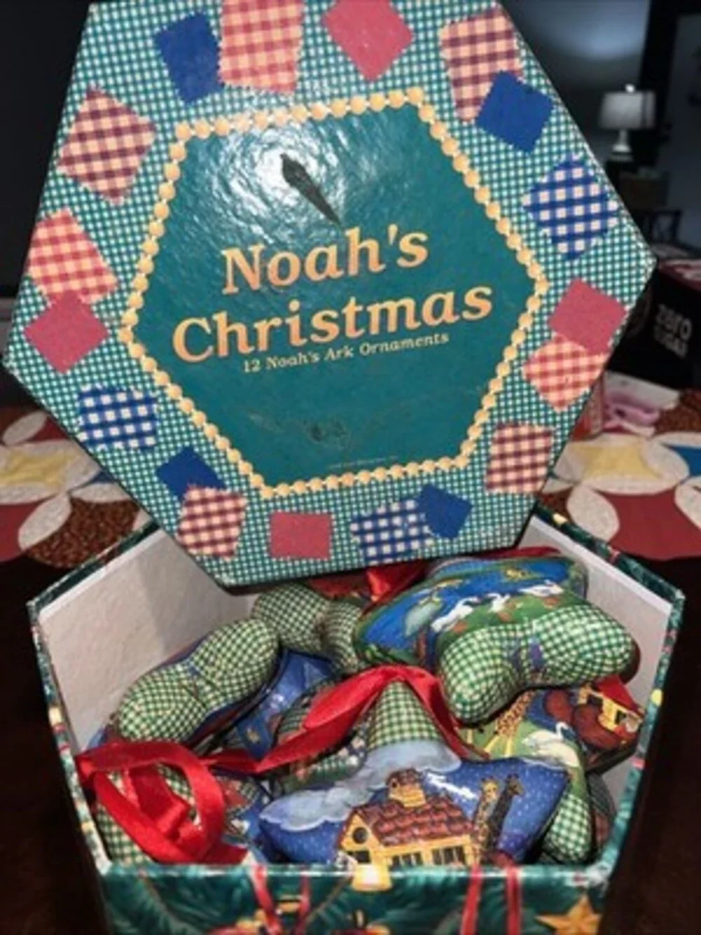 Noahs Ark Christmas Ornaments Decoupage in Original Box Set of 12 Vintage 1996